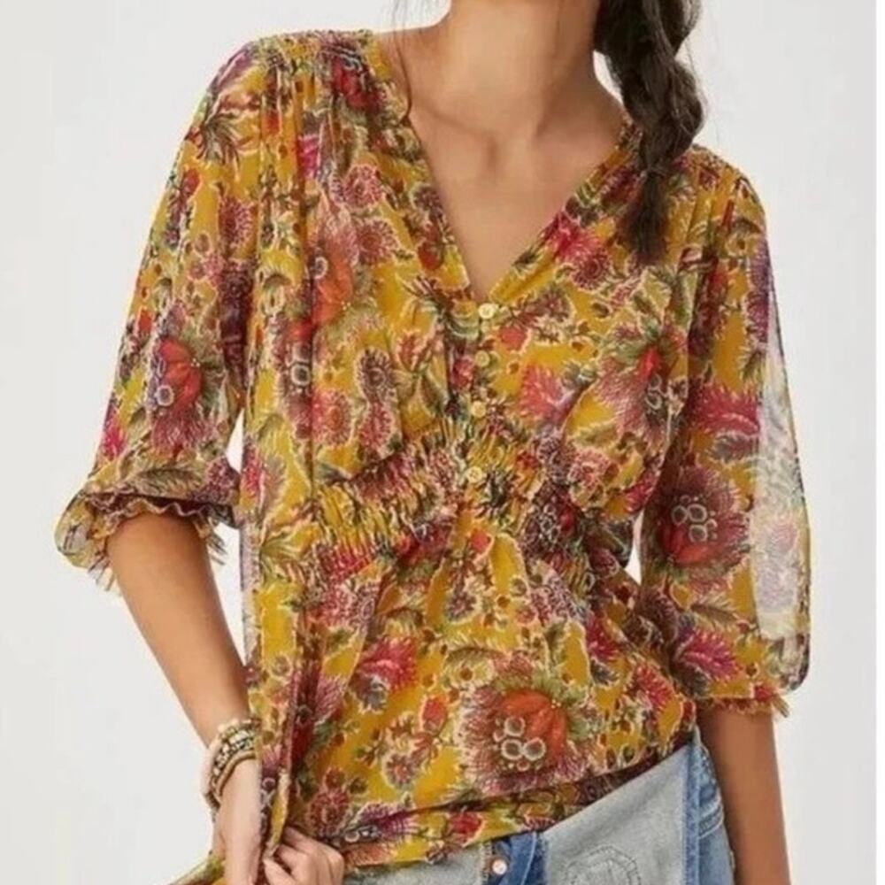 By Anthropologie Gretchen Smocked Tunic Top Floral Sheer Mesh XS Boho Festival